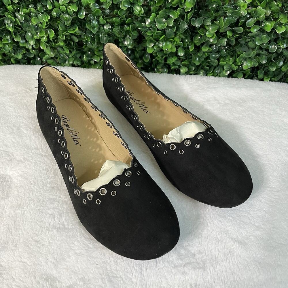 Angel Flex Women Suede 8.5 Black Suede Flat Print Casual Shoes New